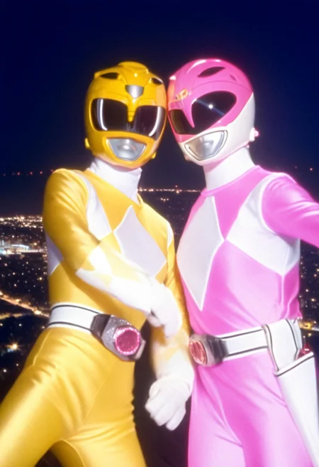 female yellow power ranger cuddling with female pink power ranger, facing camera, morphed, helmet, uniform, white gloves belt, holstered weapon, selfie from top of Eiffel Tower in Paris, midnight, hyperdetailed phmorphed, helmet, otography