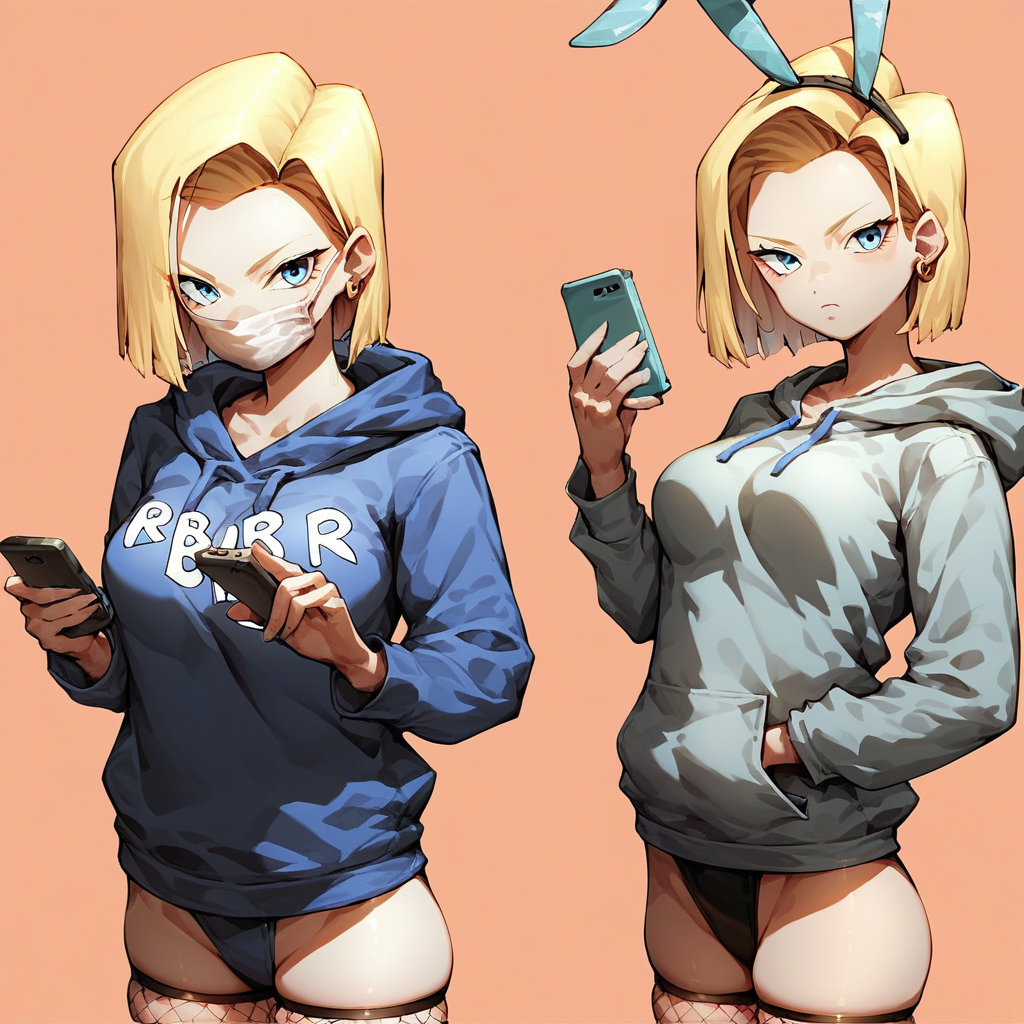 score_9, score_8_up, score_7_up, source_anime BREAK 1girl, multiple views, before and after, leotard, hoodie, fishnet thighhighs, looking at viewer, simple background, android 18, blonde hair, short hair, forehead, fake bunny ears, blue eyes, holding phone, standing, medium breasts, skindentation, surgical mask, rating_questionable