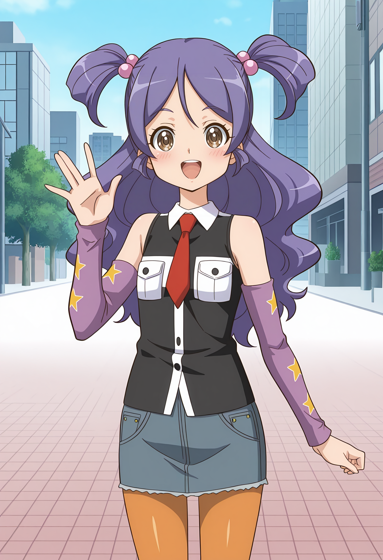 highres, best quality, masterpiece, outdoors, city,
anime screencap,
1girl, solo, drlhylg, purple hair, long hair, two-side up, hair bobbles, brown eyes,
black shirt, two-tone shirt, pockets, bare shoulders, red necktie, detached sleeves, purple sleeves, star print, denim skirt, orange pantyhose,
looking at viewer, blush, smile,
standing, waving, open mouth, 
<lora:_hu_yuling_dragon_lancer-elesico-ilxl:0.9>