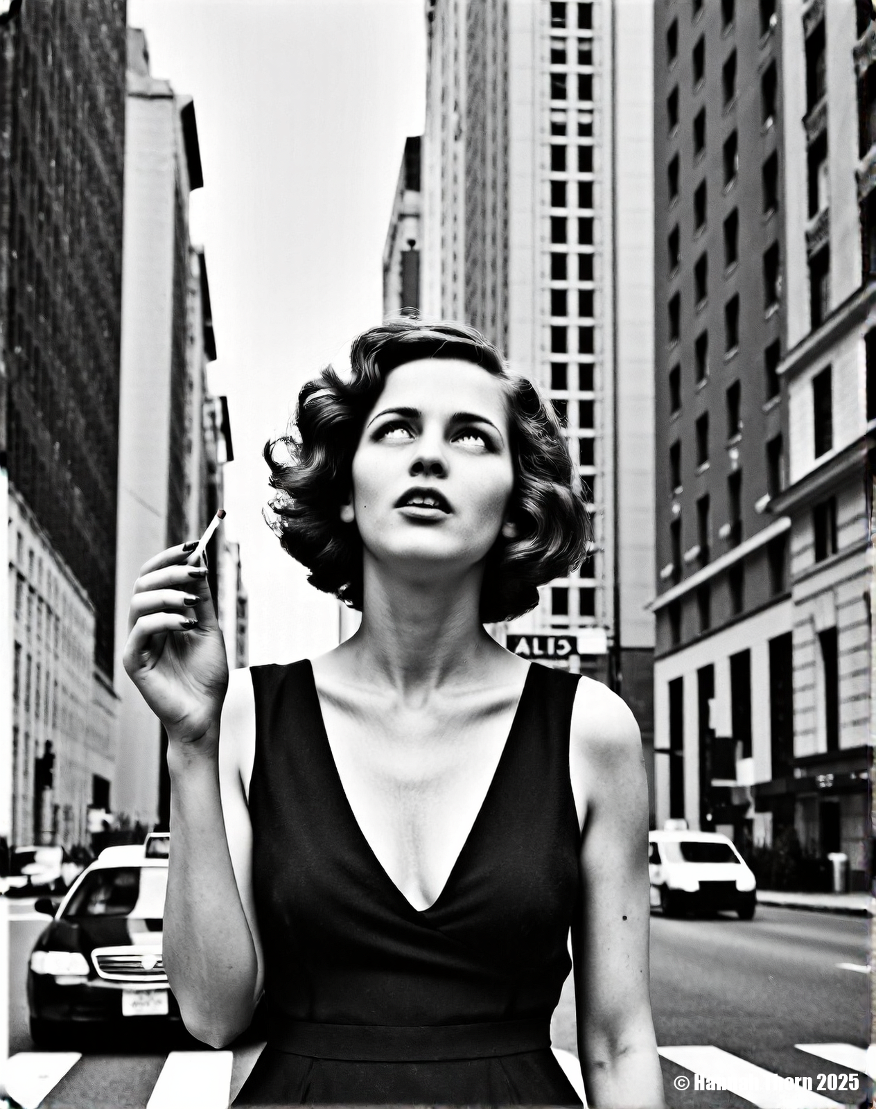 A realistic black and white photograph of a young beautiful brunette woman standing on a city street, wearing a black v-neck dress, with short curly hair, holding a cigarette in her hand, looking up at the sky, with tall buildings in the background, cars driving on the street, street signs on the buildings, daytime, medium shot, detailed face, realistic skin texture, film grain, high resolution, natural lighting, dramatic shadows, shot with a Leica camera, 50mm lens, f/2.8 aperture, 1/250 shutter speed, ISO 200, shot on Kodak Tri-X 400 film., <lora:_Flux\_Photographer\Helmut_Newton-000001.safetensors:0.8300000000000002:0.8300000000000002> <lora:_Flux\_Skin_Appearance\detailifier_flux-000006.safetensors:0.8300000000000002:0.8300000000000002> <lora:_Flux\_Skin_Appearance\Old_Beauty.safetensors:0.7500000000000001:0.7500000000000001>, A stunning black and white portrait of a young woman, her face partially obscured by a strip of 35mm film. The film runs vertically, bisecting her face, with the individual frames visible and adding an intriguing layer to the composition. Her expression is serene, eyes gazing slightly off-camera, framed by dark, wavy hair. The lighting is soft and diffused, creating subtle shadows that accentuate her features. The background is a soft, out-of-focus white, drawing attention to the subject. The overall mood is artistic and contemplative, evoking a sense of classic Hollywood glamour. The image is reminiscent of vintage photography, with a timeless quality. The contrast between the smooth skin and the textured film adds visual interest. The composition is simple yet effective, creating a captivating and memorable image., <lora:_Flux\_Photographer\Helmut_Newton-000001.safetensors:0.8300000000000002:0.8300000000000002> <lora:_Flux\_Skin_Appearance\detailifier_flux-000006.safetensors:0.8300000000000002:0.8300000000000002> <lora:_Flux\_Skin_Appearance\Old_Beauty.safetensors:0.7500000000000001:0.7500000000000001><lora:_Flux\_Photographer\Helmut_Newton-000001.safetensors:0.8300000000000002:0.8300000000000002> <lora:_Flux\_Skin_Appearance\detailifier_flux-000006.safetensors:0.8300000000000002:0.8300000000000002> <lora:_Flux\_Skin_Appearance\Old_Beauty.safetensors:0.7500000000000001:0.7500000000000001>