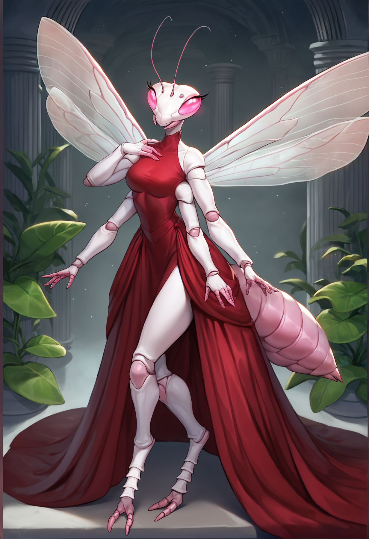 score_9, score_8_up, score_7_up, score_6_up, score_5_up, score_4_up, an anthro orchid mantis princess with long dress in an alien fungal hall, anthro, mantis, female, orchid mantis, insect, arthropod, 2 toes, (4 arms), (4 wings), 2 antennae, antennae anatomy, arthropod abdomen, pink eyes, exoskeleton, multi arm, multi wing, (insect wings), wings, solo, pink body, white body, digitigrade, clothed, dress, dark red dress, seductive, pose, <lora:XDetail_light:0.3>, detailed background, sci-fi, hall, columns, alien mushrooms, fungal design, spores, digital art, <lora:anthro_bugs_pony_v2:0.7>, <lora:Smooth Style LoRA XL:0.3>, beautiful, hi res, high quality, eyelashes, plants, vegetation, detailed hands