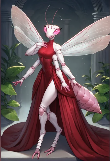 score_9, score_8_up, score_7_up, score_6_up, score_5_up, score_4_up, an anthro orchid mantis princess with long dress in an alien fungal hall, anthro, mantis, female, orchid mantis, insect, arthropod, 2 toes, (4 arms), (4 wings), 2 antennae, antennae anatomy, arthropod abdomen, pink eyes, exoskeleton, multi arm, multi wing, (insect wings), wings, solo, pink body, white body, digitigrade, clothed, dress, dark red dress, seductive, pose, <lora:XDetail_light:0.3>, detailed background, sci-fi, hall, columns, alien mushrooms, fungal design, spores, digital art, <lora:anthro_bugs_pony_v2:0.7>, <lora:Smooth Style LoRA XL:0.3>, beautiful, hi res, high quality, eyelashes, plants, vegetation, detailed hands