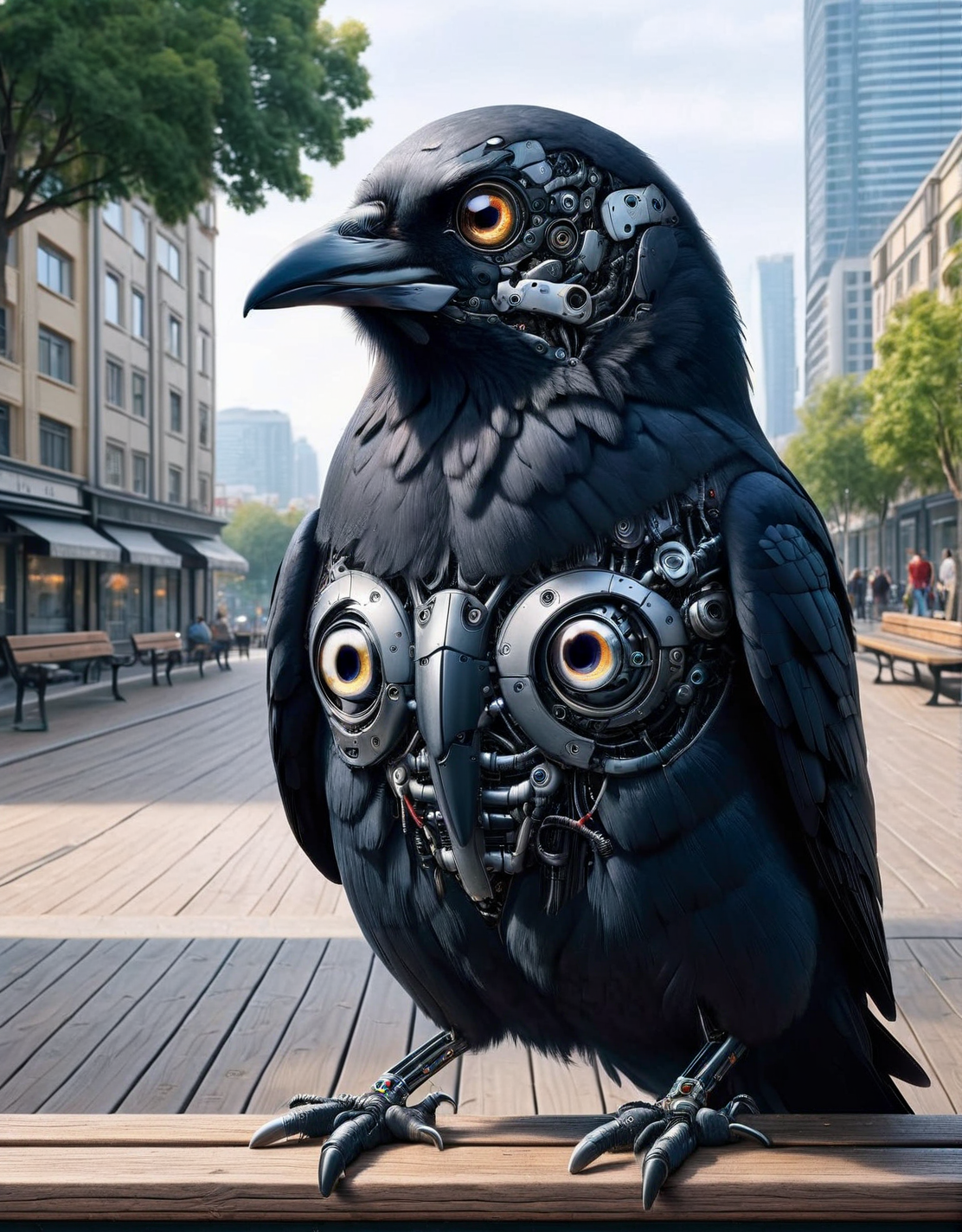 A ais-rbts crow, its eyes glinting with mischievous intelligence, surveying its surroundings from a bench in the city <lora:ais-rbts-sdxl:1>, masterpiece, uhd, 4k