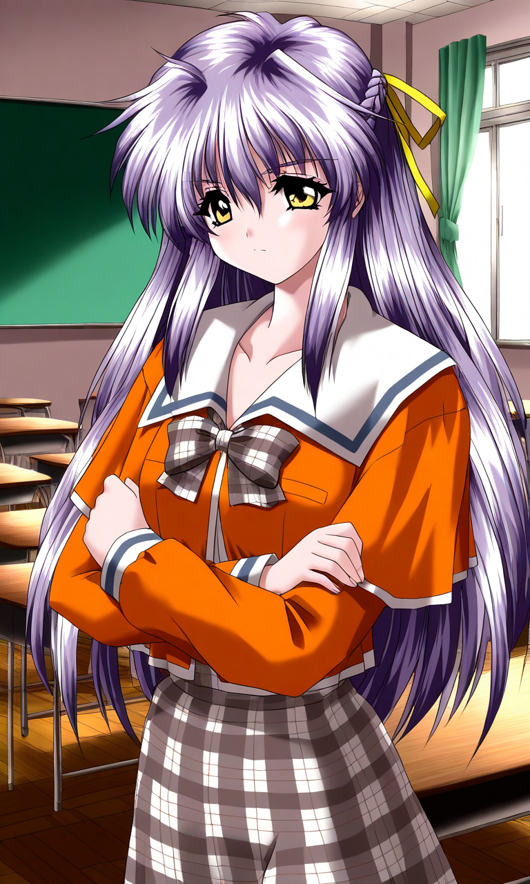 general,highres, ultra-detailed,very aesthetic,best quality ,best hands, BREAK <lora:Nishikujo_Shion_Akumu_AoiKajitsunoSange_IS:1>
Nishikujo_Shion, 1girl, solo, light purple hair, long hair, half updo, yellow eyes, hair ribbon, yellow ribbon, small breasts,
orange school uniform, ribbon, white and gray skirt, outdoors, , crossed arms,
plaid skirt, plaid bow, long sleeves, serafuku,
School, class room, curtain.