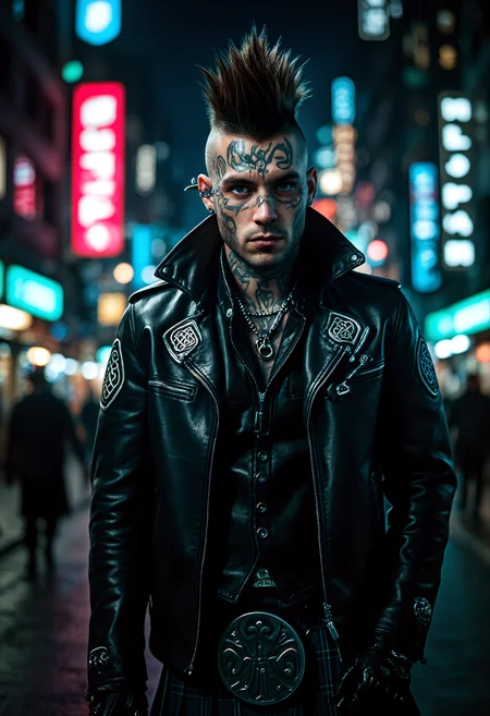 In a dystopian city, a celticpunk rebel with a Celtic twist stands tall. Their face, marked with intricate Celtic tattoos, tells a story of resistance and freedom. Dressed in a leather jacket adorned with Celtic symbols and a kilt, they exude an air of defiance. The city's neon lights reflect off their spiked mohawk, creating a unique, punk-inspired look. Their presence challenges the oppressive regime, embodying the spirit of Celtic rebellion and the fight for freedom. Celtic-inspired aesthetic incorporating punk elements, traditional Celtic music, augmented mechanical enhancements. <lora:flux_trainer/fluxPunk_v1:1.0>
