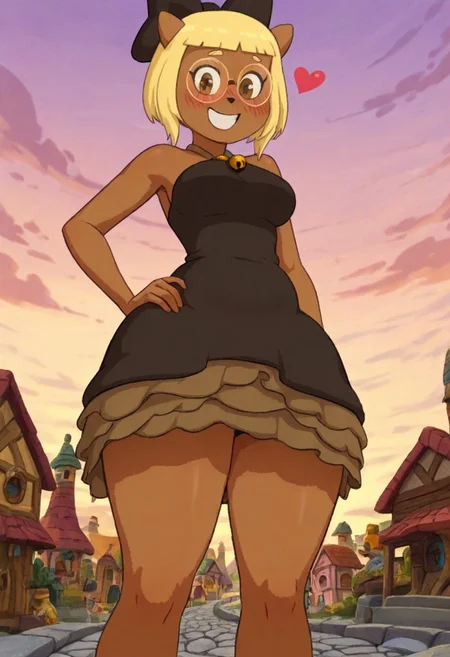 DofusJulie, 1 girl, solo girl, animal ears, animal nose, brown eyes, small blond eyebrows, blonde hair, bob cut, bangs, round glasses, dark skin, black bow, hair bow, halterneck, black dress, bell, layered skirt, happy, winking, smiling, blush, towering town, stone path, outdoors, heart symbols, standing, hand on hip, curvy figure, plump, breasts, hips, thighs, from below, upskirt, looking at viewer, (cartoony esthetic, ankama), rudimentary house, masterpiece, best quality,