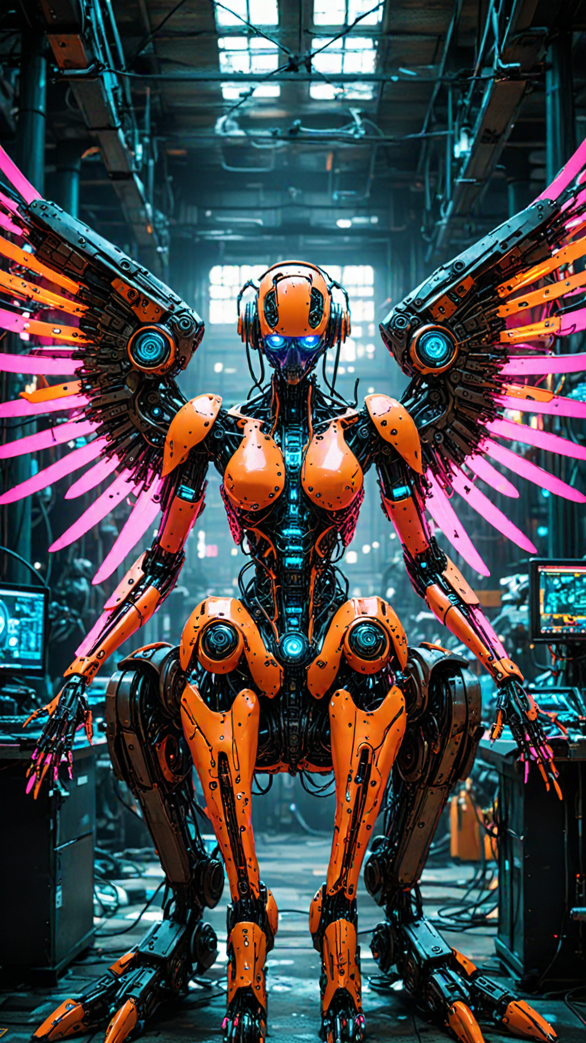(masterpiece, best quality, intricate, detailed, ornate, vibrant colors), indoors, (factory), machinery, neon, CyberAngel, sitting, (mechanical parts), mechanical limbs, (mechanical wings), cybernetic augmentations, probes, cables, wires, biopunk, cyberpunk, technology, UHD