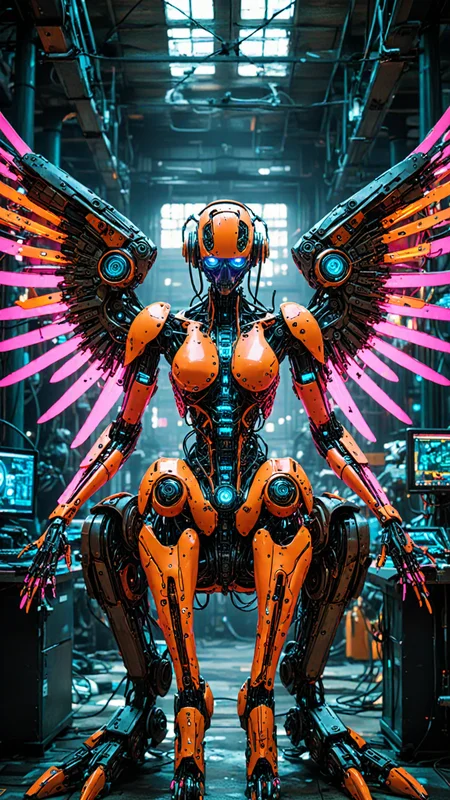 (masterpiece, best quality, intricate, detailed, ornate, vibrant colors), indoors, (factory), machinery, neon, CyberAngel, sitting, (mechanical parts), mechanical limbs, (mechanical wings), cybernetic augmentations, probes, cables, wires, biopunk, cyberpunk, technology, UHD