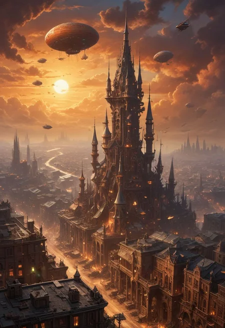 (Arial, downward angled, expansive photograph), ((colossal flying city in the sky above the desert is hovering ahead at a distance), in a (dramatic sky streaked with orange and hues of a setting sun), (the flying city, is supported by massive, churning propellers and jet engines spewing thick black smoke)),
((The flying city's cityscape is a labyrinth of metal and rivets, with jagged spires and towers bristling with antennas, pipes, radar dishes, suspended walkways and bridges connect various parts of the city, rust-streaked fuel tanks and oil drums are bolted onto buildings, connected by thick tubes), (buildings vary from gothic cathedrals with stained glass windows to utilitarian factories with soot-stained chimneys)),
<<BREAK>>
((A cluster of zeppelins and airships hovers near the flying city, docked to gantries, below, a massive rotating turbine creates a shimmering heat haze, adding to the city's fortress-like presence),
((The industrial aesthetic, scene is illuminated by the warm glow of incandescent lamps and occasional sparks from welding torches, highlighting the contrast between the mechanical and the signs of human life))