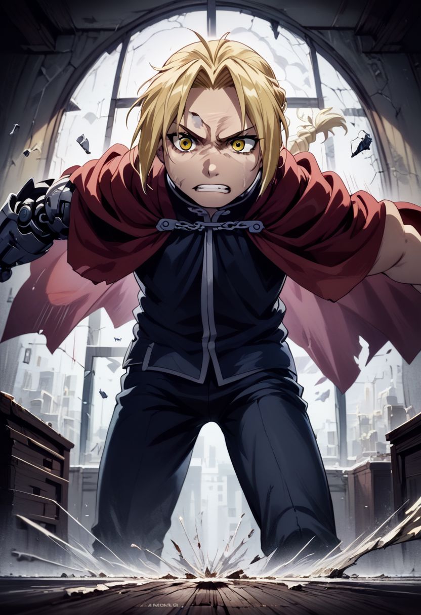 score_9, score_8, score_7, score_6,rating_safe, source_anime,edward_elric, blonde hair, yellow eyes, braid, single braid, braided ponytail, ((red cape)),(single mechanical arm),grit teeth,leaning forward,(Striking in succession),(broken window,glass pieces on air in foreground,glass fragments on air in foreground,broken window,glass fragment in foreground),speed line,motion blur,emphasis lines,(ashes,powder ,:1.2),(perspective,front view,wide angle:1.2),(intricate_details_xl:1.5),(narrow room),IncrsXLBrknGls,broken glass, reflection,light particles,gold chains,gold chains X-crosses on body,turn gold color to black,
