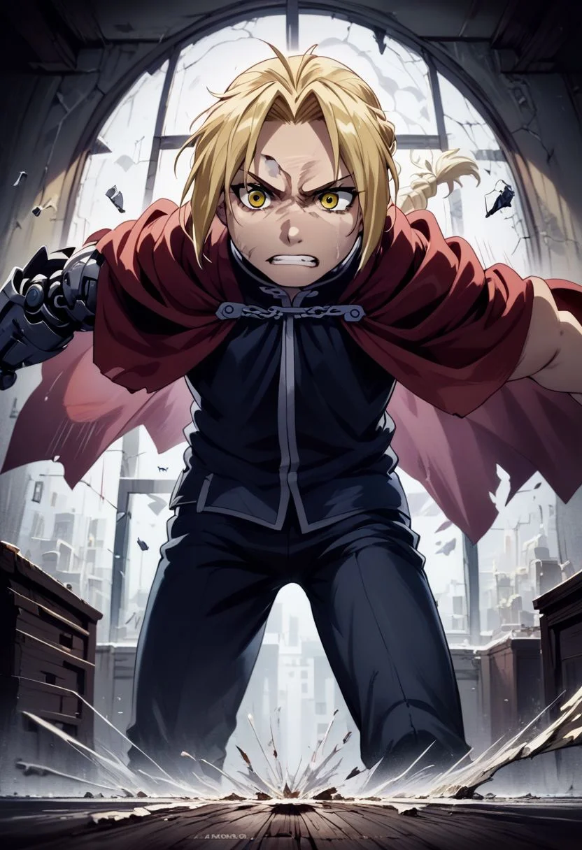 score_9, score_8, score_7, score_6,rating_safe, source_anime,edward_elric, blonde hair, yellow eyes, braid, single braid, braided ponytail, ((red cape)),(single mechanical arm),grit teeth,leaning forward,(Striking in succession),(broken window,glass pieces on air in foreground,glass fragments on air in foreground,broken window,glass fragment in foreground),speed line,motion blur,emphasis lines,(ashes,powder ,:1.2),(perspective,front view,wide angle:1.2),(intricate_details_xl:1.5),(narrow room),IncrsXLBrknGls,broken glass, reflection,light particles,gold chains,gold chains X-crosses on body,turn gold color to black,