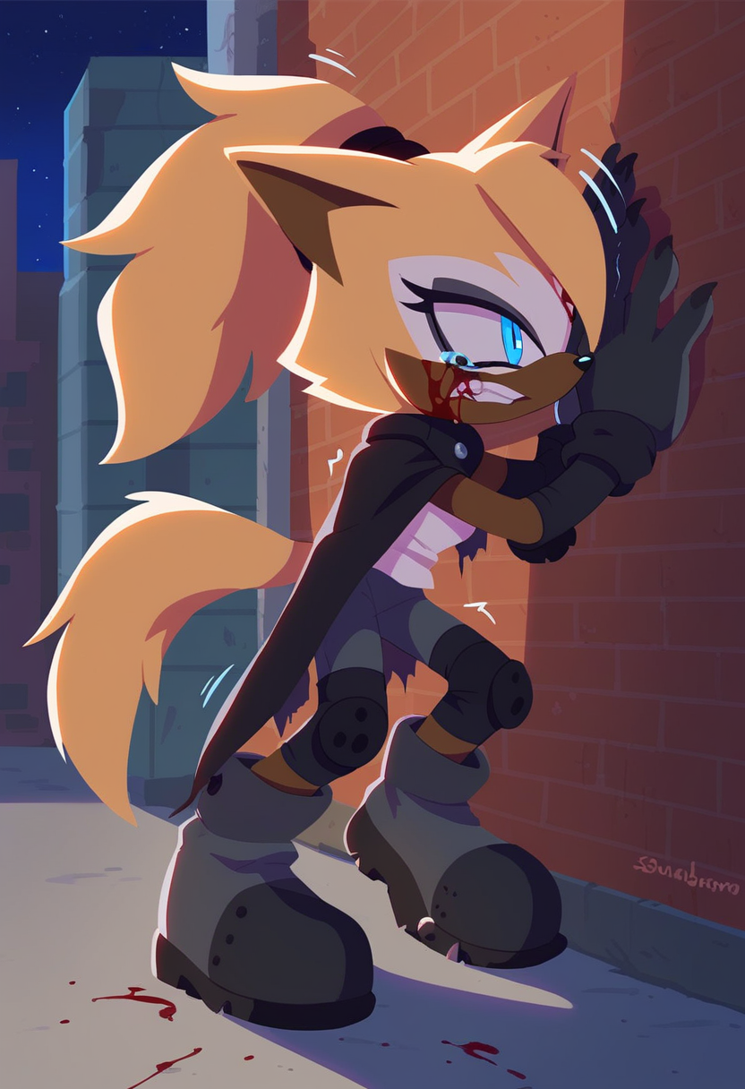 <lora:Whisper_the_Wolf_PonyXL:0.8>, <lora:sonicchannelv22-15:0.9>, score_9, score_8_up, score_7_up, sonic channel (style), 1girl, solo, building, night sky, alley,  whisper the wolf, wolf ears, wolf tail,  messy hair,  brown fur, yellow fur, two-tone fur, blue eyes, white tank top, black elbow gloves, grey leggings, knee pads, grey boots, perfect eyes, against wall, black cape, leaning forward, stretching, tears, clenched teeth, injury, crying, blood on face, blood on clothes, torn clothes, on one knee, white pupils, trembling, constricted pupils