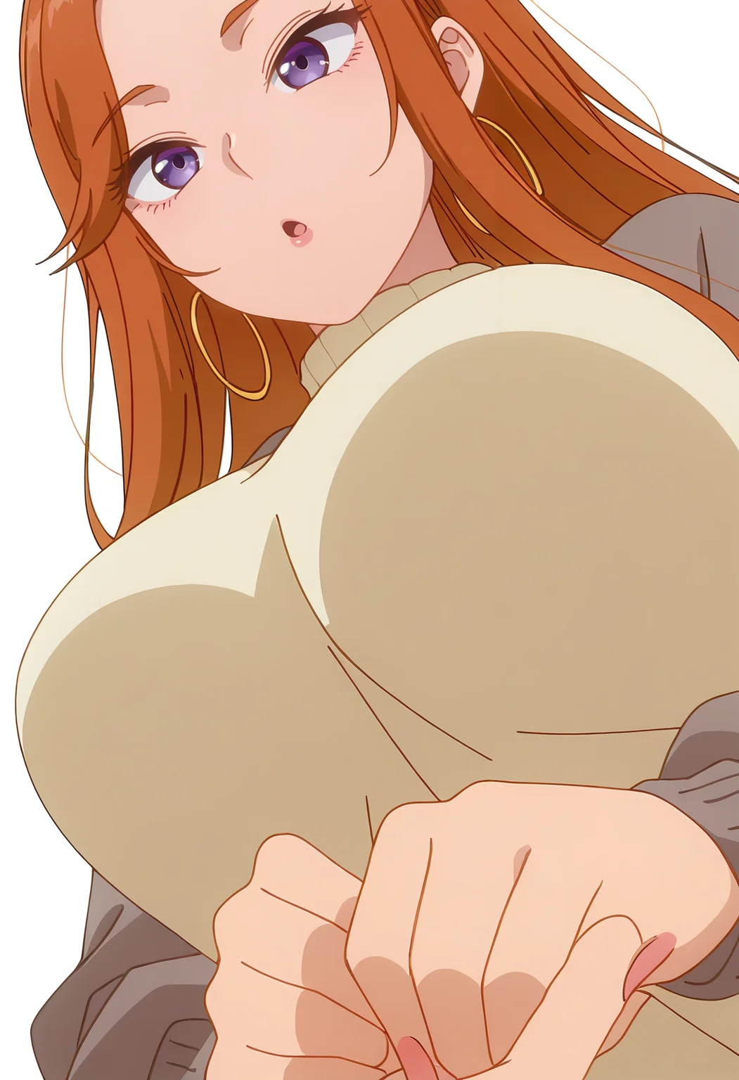 Smooth Quality,masterpiece,beautiful aesthetic, very intricate, high quality details, ultra realistic, high detailed skin,
simple background, white background,
from below,\m/ ,:o,
spats, ,pullover,,Hand chains, <lora:Fuyuki_Maicnn:0.8> mai/cnn, 1girl, long hair, purple eyes, jewelry, hoop earrings, brown hair, orange hair, large breasts,