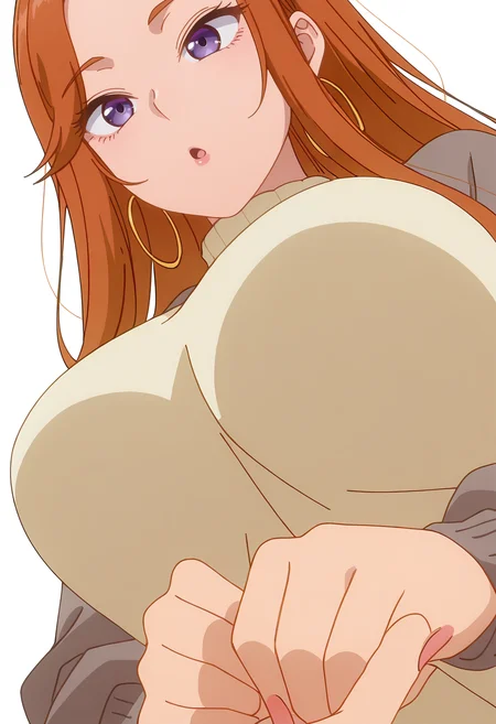 Smooth Quality,masterpiece,beautiful aesthetic, very intricate, high quality details, ultra realistic, high detailed skin,
simple background, white background,
from below,\m/ ,:o,
spats, ,pullover,,Hand chains, <lora:Fuyuki_Maicnn:0.8> mai/cnn, 1girl, long hair, purple eyes, jewelry, hoop earrings, brown hair, orange hair, large breasts,