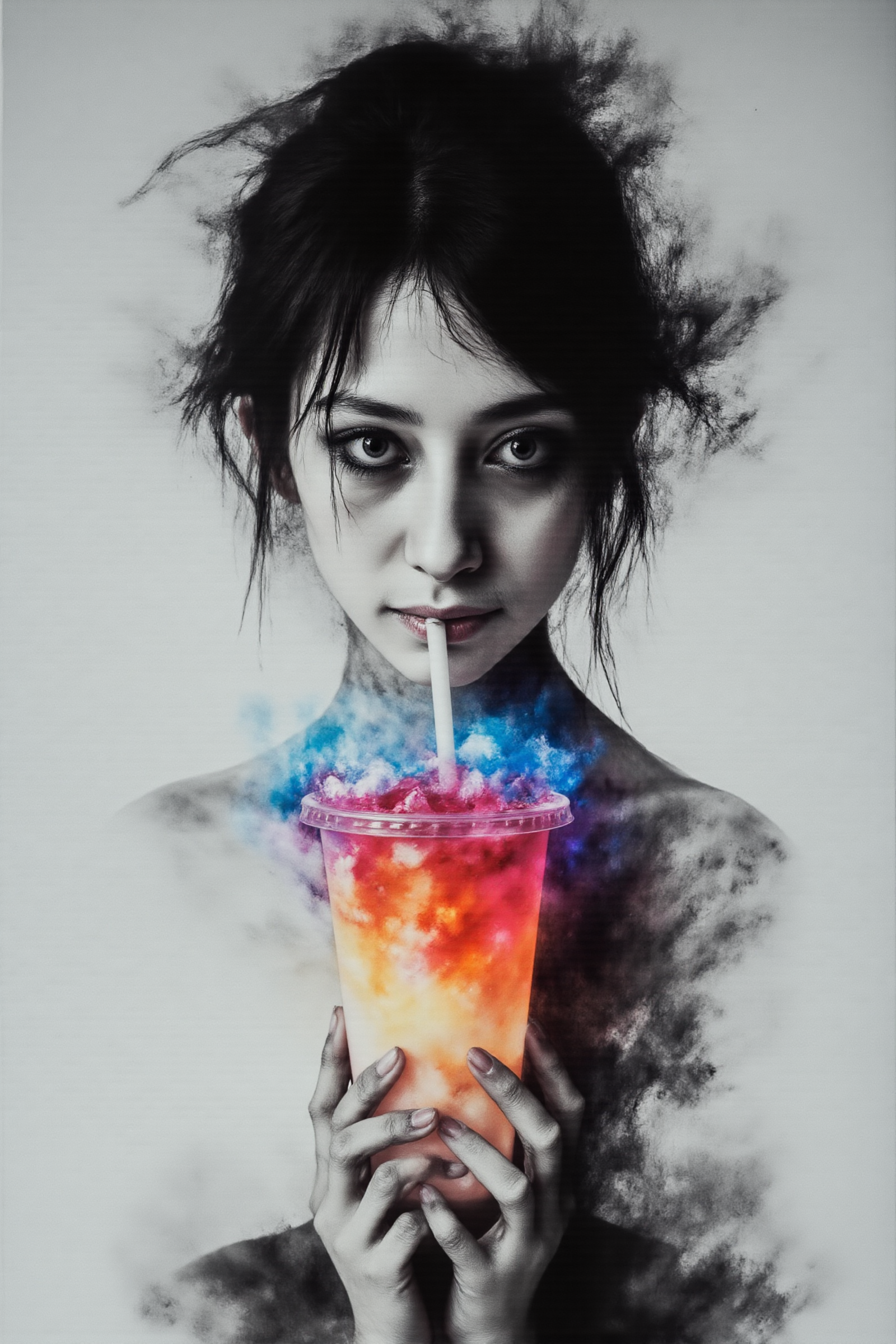 A high-quality photographic portrait of a woman offering a vibrant, neon-luminous bubble tea to the viewer. The image is monochrome, except for the glowing drink, which radiates intense neon hues. Subtle photo glitch effects distort the edges of the image, blending seamlessly into the neon light of the bubble tea. The woman’s face is softly lit, her expression unreadable, lost in the washed-out, almost ghostly atmosphere. The background fades into a pale, desaturated void, enhancing the surreal and futuristic aesthetic.
Dark Art