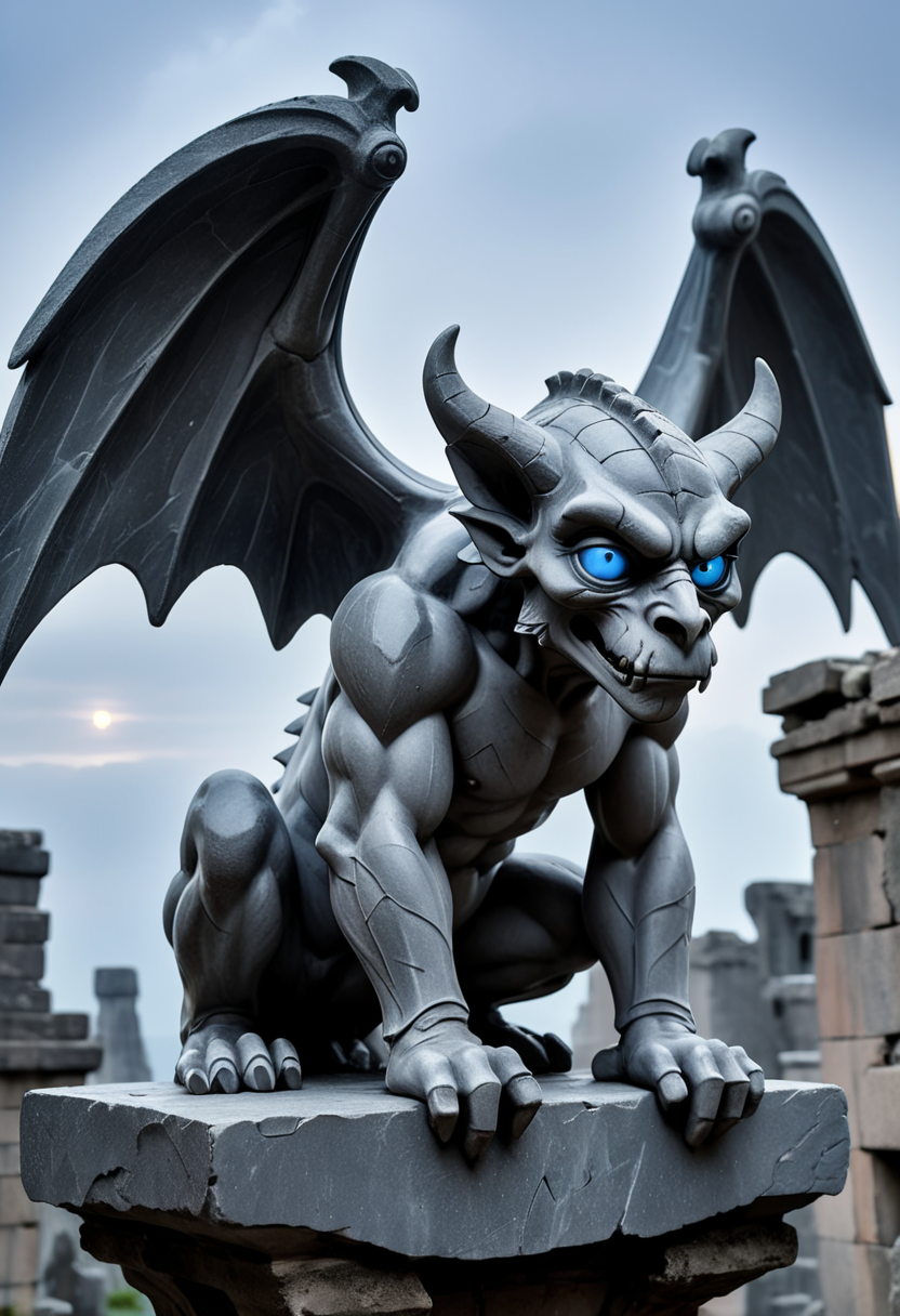 (medium full shot) of (petrifying slate grey polished stone gargoyle) with perched body, majestic wings, blue eyes, curved horns, spines along back, set in  a mystical ancient ruin, with hidden runes, faint whispers, an enchanting presence, at dusk, ,Masterpiece,best quality, raw photo, realistic, very aesthetic