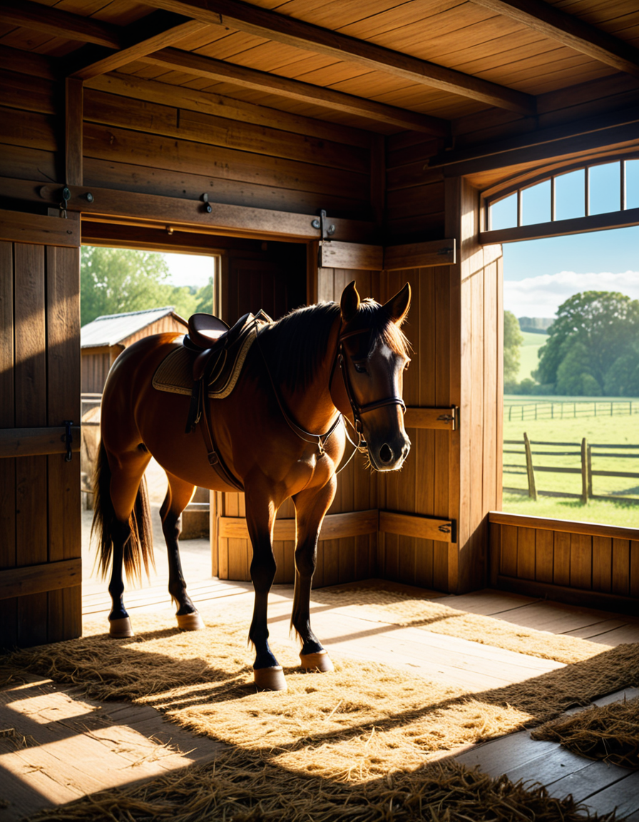 A rustic horse stable in the countryside, built with aged wooden beams and stone foundations, bathed in warm golden sunlight. The stable doors are slightly open, revealing the soft hay-covered floor inside. Horses stand calmly in their stalls, their glossy coats catching the light. Dust particles float in the air, illuminated by the sunbeams filtering through the gaps in the wooden planks. The atmosphere is serene, with a vintage, timeless feel. Weathered saddles and bridles hang neatly on the stable walls, and an old wooden cart sits nearby. The background features rolling green fields and a clear blue sky, creating a peaceful rural setting. Ultra-detailed, photorealistic, warm tones, cinematic lighting, sharp textures.
<lora:SDXLFaeTastic2400:0.4> <lora:extremely_detailed:0.4> extremely detailed,<lora:rustic_horse_st4bl3:1>,rustic horse st4bl3, Masterpiece,best quality,hi res,8k,hi res,8k,award winning,(sharp focus, intricate, highly detailed),