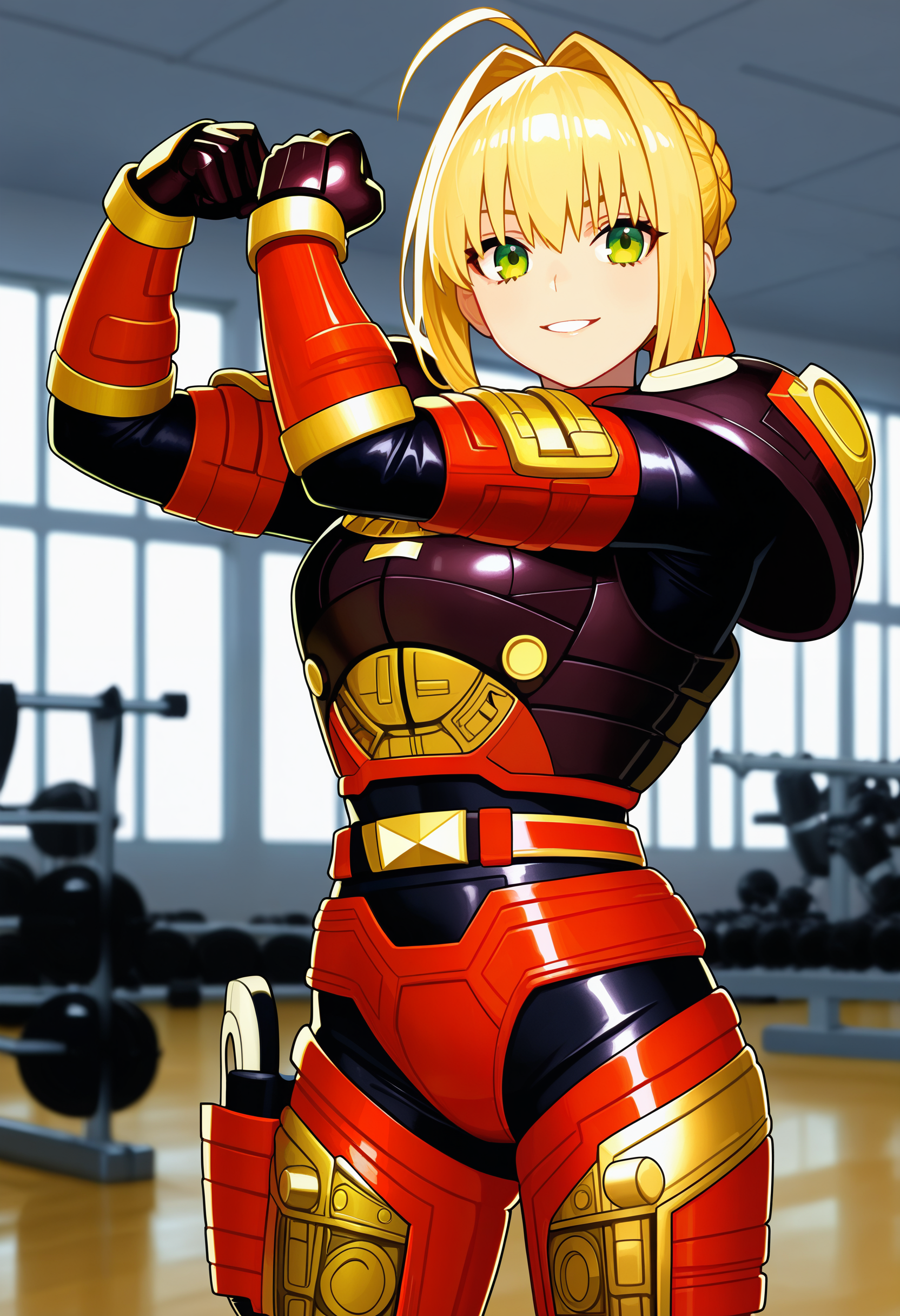 1girl, solo, R3ddle, armor, bodysuit, shoulder pad, gloves, belt, holster, shiny clothes, (nero claudius (fate):0.9), blonde hair, green eyes, flexing, looking at veiwer, smile, parted lips, cowboy shot,
indoors, gym,
best quality, very aesthetic, masterpiece,