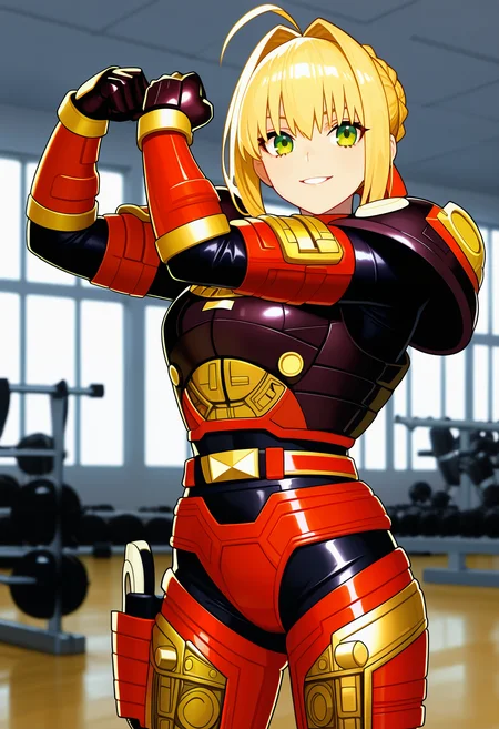 1girl, solo, R3ddle, armor, bodysuit, shoulder pad, gloves, belt, holster, shiny clothes, (nero claudius (fate):0.9), blonde hair, green eyes, flexing, looking at veiwer, smile, parted lips, cowboy shot,
indoors, gym,
best quality, very aesthetic, masterpiece,