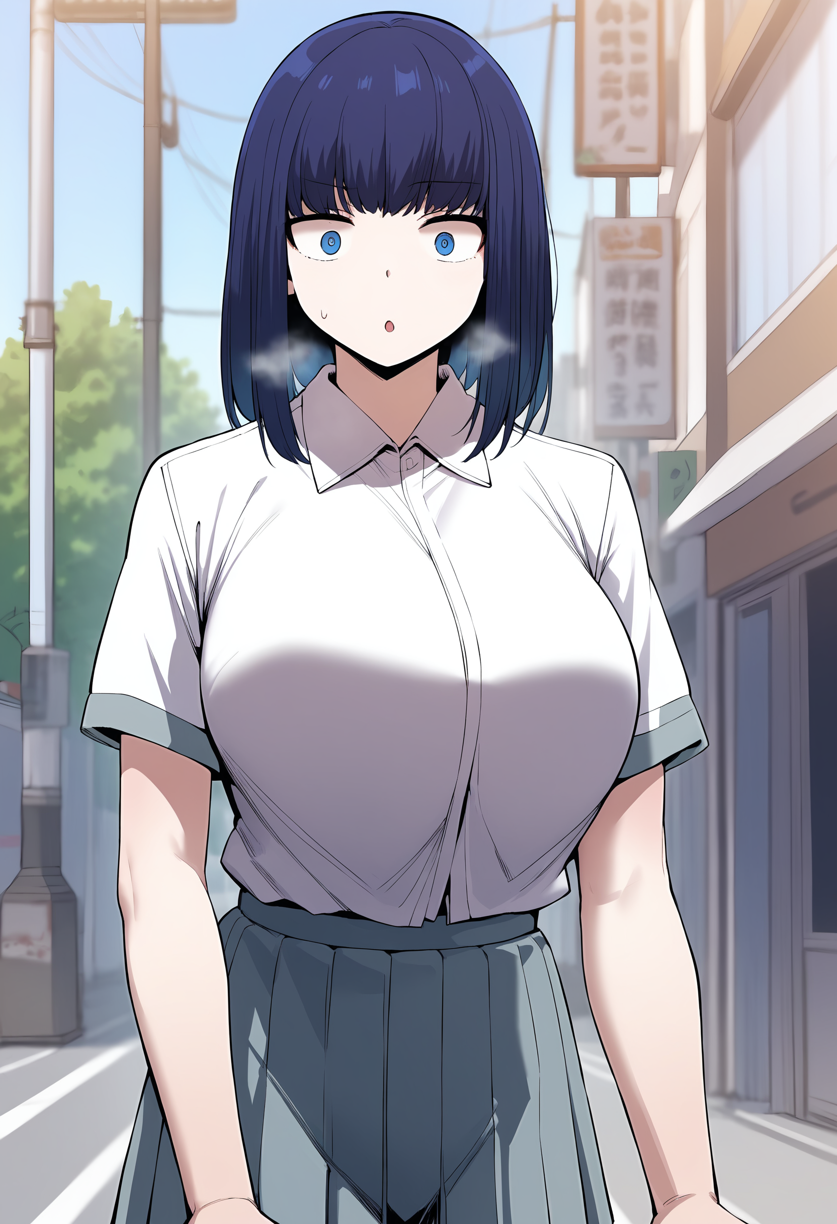 score_9, score_8_up, score_7_up, score_6_up, source_anime, rating_explicit, <lora:neg4all_bdsqlsz_V3.5:2.0>1girl, (solo:1.1), huge breasts, <lora:Na Min-jeongponyxl:1> blue eyes, medium hair, blue hair, white shirt, school uniform, collared shirt, short sleeves, grey skirt, pleated skirt, surprised, Narrow shoulders, heavy breathing, steaming body, street, outdoors, looking at viewer