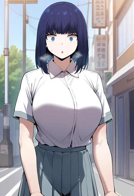 score_9, score_8_up, score_7_up, score_6_up, source_anime, rating_explicit, <lora:neg4all_bdsqlsz_V3.5:2.0>1girl, (solo:1.1), huge breasts, <lora:Na Min-jeongponyxl:1> blue eyes, medium hair, blue hair, white shirt, school uniform, collared shirt, short sleeves, grey skirt, pleated skirt, surprised, Narrow shoulders, heavy breathing, steaming body, street, outdoors, looking at viewer