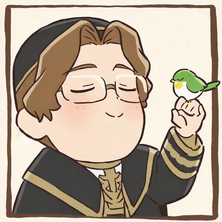 1boy,male_focus,hat,solo,glasses,closed_eyes,black_headwear,long_sleeves,bird,upper_body,robe,brown_hair,short_hair,white_background,art_nouveau,hand_up,smile,
<lora:mofafulilian_ill:1>,