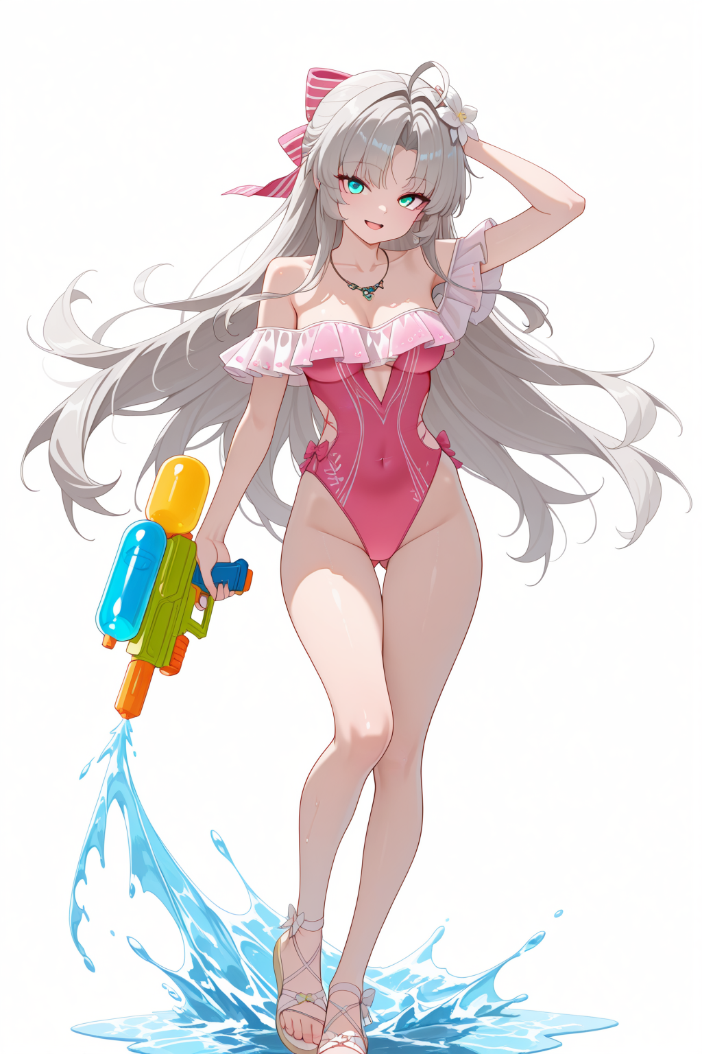 masterpiece, best quality, absurdres, amazing quality, anime coloring, <lora:Carlotta_Splashing_Summer_Wuthering_Waves:1>, CarSW, 1girl, ahoge, aqua eyes, arm up, ass visible through thighs, bare legs, bare shoulders, bow, breasts, casual one-piece swimsuit, collarbone, cutout above navel, feet, flower, full body, grey hair, groin, hair bow, hair flower, hair ornament, highleg, highleg one-piece swimsuit, holding, holding water gun, jewelry, legs, long hair, looking at viewer, medium breasts, necklace, off-shoulder one-piece swimsuit, off shoulder, official alternate costume, one-piece swimsuit, open-toe shoes, open mouth, parted bangs, pink bow, pink one-piece swimsuit, sandals, smile, solo, striped bow, swimsuit, thigh gap, toes, very long hair, water gun, white flower