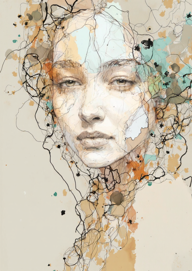By Raphael Vicenzi. This image is a digital artwork, likely created using a digital painting program, characterized by its abstract, geometric, and fluid style. The subject is a close-up of a woman's face, rendered in a mosaic-like pattern of interconnected shapes and lines in various shades of beige, white, orange, and teal. Her expression is calm and serene, with slightly downturned lips and closed eyes, suggesting a sense of contemplation or introspection. 
The woman's hair is depicted in a flowing, abstract manner, with strands of color blending into each other, creating a sense of movement and fluidity. The background is a muted, light beige, allowing the intricate, colorful patterns of the subject's face to stand out prominently. The artist uses a combination of smooth, organic shapes and sharp, angular lines to create a dynamic and visually engaging composition.
There are no visible textures or details beyond the abstract shapes and colors, emphasizing the abstract nature of the artwork. The overall style is reminiscent of contemporary digital art, blending elements of abstract expressionism with geometric abstraction. This piece is likely a part of a series, as it shares a similar aesthetic and color palette with other works by the same artist. <lora:Raphael_Vicenzi:0.9> <lora:Sketch:1.0>