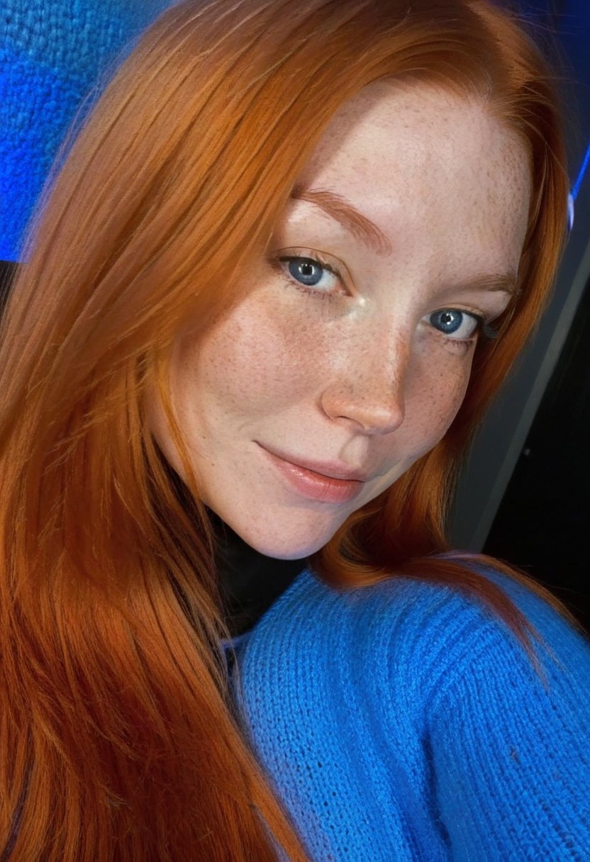fair skin with freckles, long hair, very long hair, long straight orange hair with a reddish tint, straight hairstyle, cool artificial lighting, wearing a bright blue knit sweater, bright blue eyes, medium-length brown hair, wearing a black high-neck sweater, light smile with a hint of contemplation.
