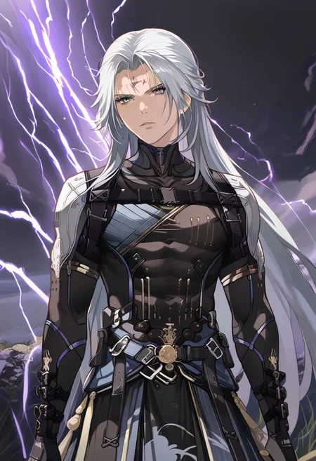 Calcharo, wuthering waves, black clothes,grey eyes, face tattoo,looking at camera, surrounded by purple electricity, detailed, masterpiece, Expressiveh, 8k, uhd,