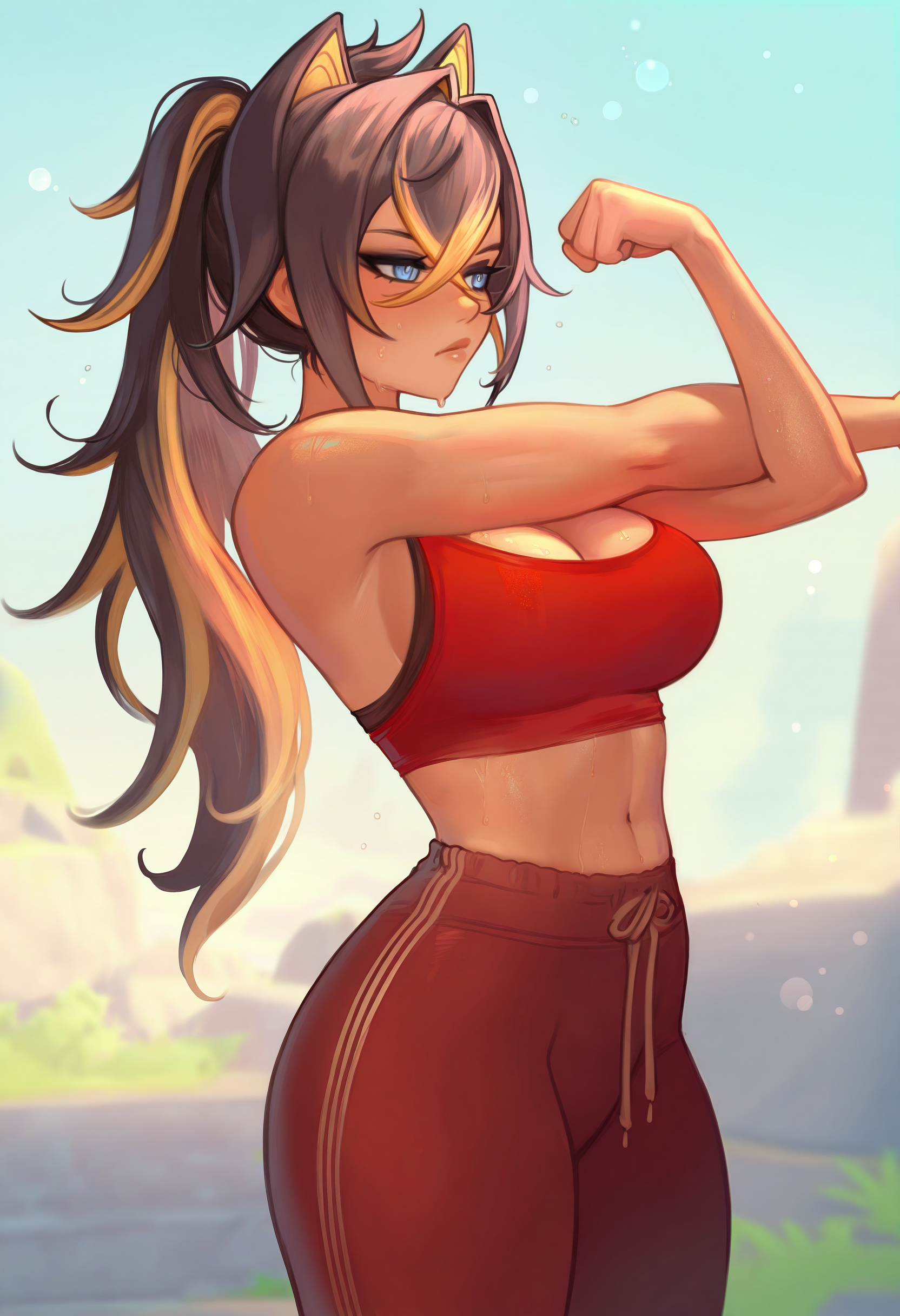 1girl, solo, dehya \(genshin impact\), crop top, sweatpants, standing, stretching, sweat, large breasts, 
masterpiece, best quality, <lora:prywinko-guy90-Illust-Lycorisv1:1> oknyrp