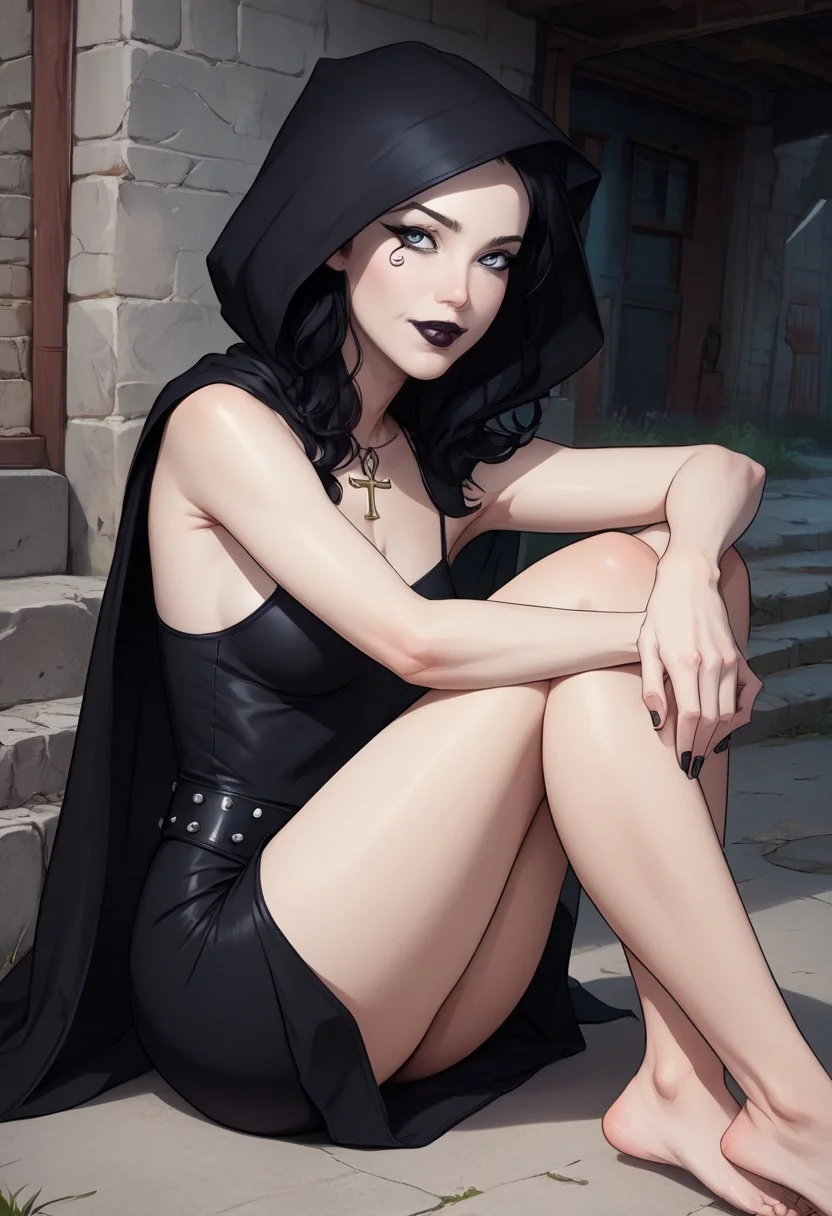 score_9, score_8_up, score_7_up, BREAK, 1girl, solo, BREAK anime, cinematic lighting, (best quality:1.1), (masterpiece:1.2), (realistic:1.2), (detailed:1.1), (highres, best quality:1.2), pale skin,white eyes,barefoot BREAK long black hair,black dress,black veil,black nails,black pupils,black makeup BREAK (wearing hood,covered head,obscured face,long black cloak) BREAK sitting with one leg bent, other leg straight, arm on knee BREAK seen from above, medium shot BREAK high quality illustration,modeling photo shoot,background