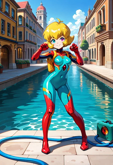 <lora:Megaman_Legends>,megaman_legends,(looking at viewer:1.2),(close-up:1.2),score_9, score_8_up, score_7_up, source_ super mario sunshine, (a mature female lady with a water tank on her back ),BREAK, animated painting, (smile:1.6), (standing:1.3), (contrapposto;1.3), (fighting pose:1.7), (good finger:1.2), (five fingers:1.2), (perfect anatomy:1.5), (Beautiful girl:1.4), (blonde short hair:1.6), ((ultra detailedtanned)), ((extremely detailed CG)), skin, authentic skin texture, gradient eyes, ((beautiful detailed eyes)), faint lips, ((Premier Quality)), (Ultra High Definition), ((perfect anatomy)), (solo), BREAK, heterochromia, (diving equipment on her ), ((full body clothed)), ((wet suit:1,8)), (tactical gear), (tank pack), ((red right eyes, blue left eyes)),BREAK, (background inspired by place Delfino and Venice :2,3)(big pipeline, water, harbor, hose, cartoon town), BREAK, ( evangelion_style:0,3), mecha musume, ( Megaman Legends 2 style: 1,6), ( aria the masterpiece style:1.4),soft skin, skindentation, thicc