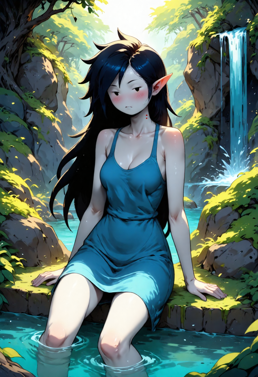 a digital drawing in a vibrant, anime-inspired style, it depicts Marceline Abadeer, sitting in a serene, natural setting, she is wearing a blue sun dress, her body is slender and flat, she is sitting in shallow water, with her legs slightly apart, and her hands resting on the ground in back of her, the background features a lush, verdant forest with large, moss-covered rocks and a cascading waterfall in the distance, creating a tranquil, serene atmosphere, the lighting is soft and warm, with sunlight filtering through the trees, casting gentle shadows and highlighting the textures of the rocks and the water, the overall color palette is dominated by greens, blues, and yellows, enhancing the natural and mystical feel of the scene<lora:CustomFlux/Marceline_Abadeer.safetensors:1.0:1.0> <lora:CustomFlux/MysticFantasy.safetensors:0.75:0.75>