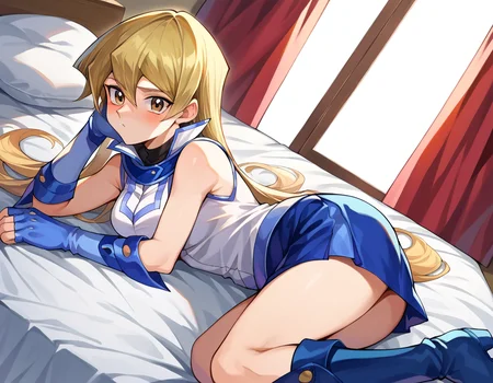 score_9, score_8_up, score_7_up, source_anime,
asukatenjouin, <lora:asuka-tenjouin-ponyxl-lora-nochekaiser:1>
asuka tenjouin, blonde hair, brown eyes, hair between eyes, long hair, straight hair, very long hair,
blue footwear, blue gloves, blue skirt, boots, duel academy uniform (yu-gi-oh! gx), elbow gloves, fingerless gloves, gloves, jacket, miniskirt, skirt, sleeveless, sleeveless jacket, sleeveless shirt, white jacket,
indoors, bed, bed room, on side, blush, drunk,
looking at viewer, cowboy shot, dutch angle,