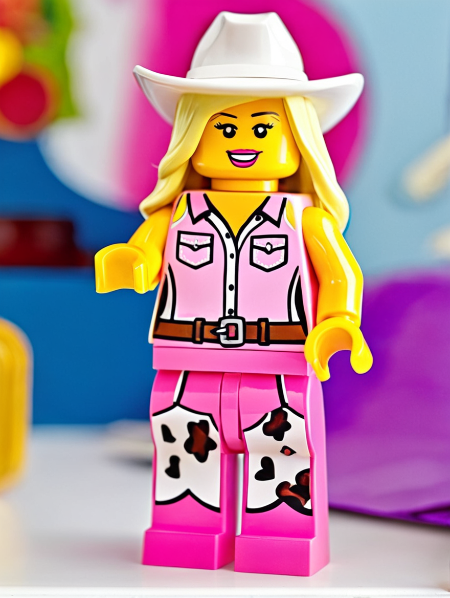 <lora:Lego_XL_v2.1:0.8>
LEGO MiniFig. 
A woman with platinum blonde hair exudes Barbie doll charm in a pink cowgirl outfit with a matching hat, her joyful stance enhancing the doll-like atmosphere around her
