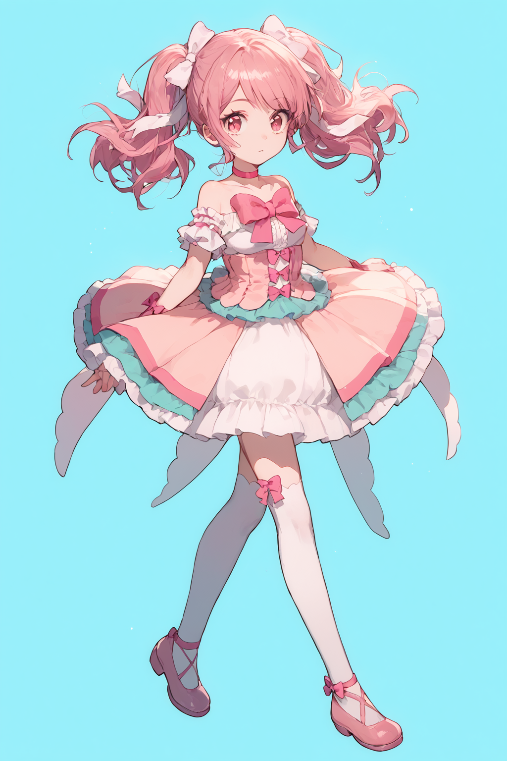score_9,score_8_up,score_7_up,score_6_up,score_5_up,score_4_up,<lora:aya:0.8>,maruyama aya, 1girl, solo, pink hair, wrist bow, twintails, bow, pink eyes,pink footwear,full body, white thighhighs,  bangs,pink choker, shoes, sidelocks, hair bow, strapless dress, arm ribbon