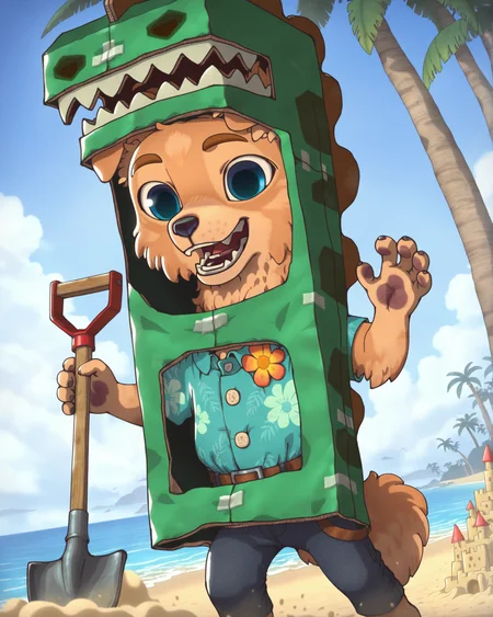 masterpiece, best quality, mawilly, domestic dog, anthro, solo, male, young, aloha shirt, pants, cardboard dinosaur costume on head, holding shovel, sand castle, beach, sea, blue sky, wave, pose, happy, palm tree, open smile, looking down,
<lora:HaroldAndWilly_noob-1.11:1>