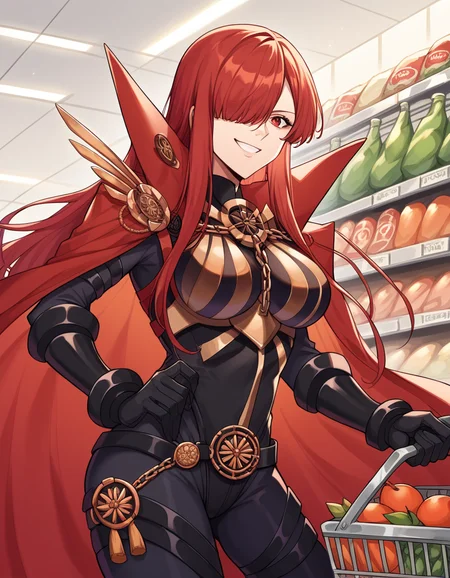 score_9, score_8_up, score_7_up, source_anime, <lora:fgo-oda-nobunaga-maou-ponyxl-lora-nochekaiser:1>, oda nobunaga maou, hair over one eye, long hair, red eyes, red hair, large breasts,, armor, belt, black bodysuit, bodysuit, bracer, breastplate, cape, chain, collared cape, family crest, medallion, oda uri, popped collar, red cape, sheath, thighs,, grocery store, shopping cart, picking fruits, everyday life, , smile, , arm holding a phone, solo,, cowboy shot, dutch angle