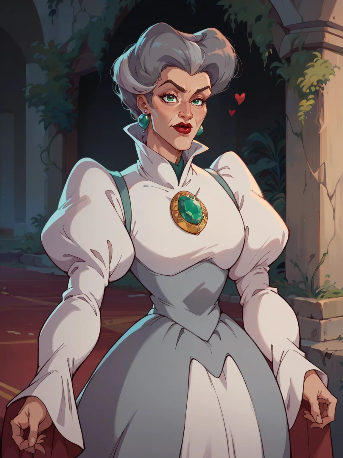 <lora:Lady Tremaine:0.4> l_tr, 1girl, green eyes, gray hair, high heart-shaped pompadour hair, hooked nose, creases on down eyes, red lips, earrings,gown with gem, high collar, extended sleeves
<lora:mfcgXL:0.9> large breasts, thick thighs, score_9, score_8_up, score_7_up,