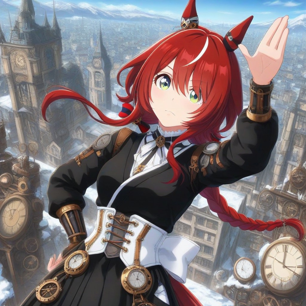 ,snow, winter, steampunk city, ,win variation \(umamusume\),1girl, bleach,, floating Massive snows, 
,long braid,short hair,win variation \(umamusume\)
, solo, japanese clothes, black kimonoblack kimono shirt,white sash, (katana),
detailed background,detailed skin,power_lines,speed_lines
(, salute,close-up, clock and gear,  bow pose,  arm up, hand on hip, 
outdoor, steampunk, clock tower), 
ultra-detailed background, bleach, solo, japanese clothes, black kimono
:0.6),
