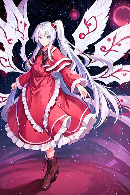 Shinki \(touhou\), light blue eyes, white hair, side ponytail, 1girl, hair bobbles, long hair, red dress, long sleeves, capelet, frilled capelet, boots, multiples wings, black bowtie