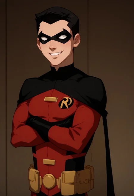 score_9, score_8_up, score_7_up, highly detailed, cute boy, 1boy, solo, timdrakeyj, red outfit, robin symbol, black cape, utility belt, domino mask, black hair, smile, arms crossed