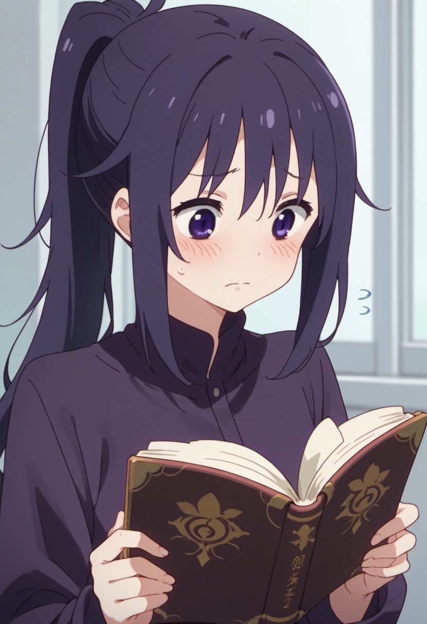 score_9, score_8_up, score_7_up, source_anime, kirie motoba, dark purple hair, dark purple eyes, long hair, 1girl, solo, blush, ponytail, reading, flying sweatdrops, book