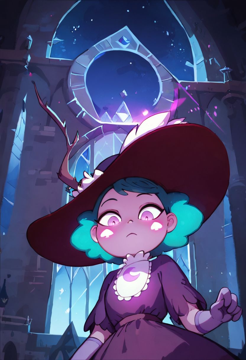 score_9, score_8_up, score_8, Eclipsa Butterfly, green hair, short hair, purple eyes, dark red sun hat with feathers and branch, white cravat, purple dress, light purple gloves, 
upper body, closed mouth, in castle, vivid colors, glowing red spade blush stickers, looking down, from below, night,