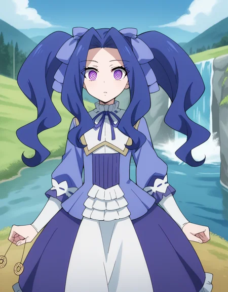 score_9, score_8_up, score_7_up, source_anime, <lora:melty-q-melromarc-s1-ponyxl-lora-nochekaiser:1>, melty q melromarc, long hair, ribbon, twintails, blue hair, purple eyes, hair ribbon, purple ribbon, parted bangs,, long sleeves, dress, frills, ribbon trim, purple dress,, water, lake, river, waterfall, natural, , <lora:pendulum-ponyxl-lora-nochekaiser:1>, pendulum, holed coin, coin on string, hypnosis, mind control, coin, @ @,, looking at viewer, solo,, dutch angle, cowboy shot