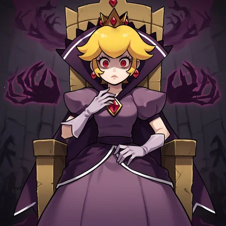 score_9, score_8_up, score_7_up, score_6_up, score_5_up, score_4_up, zPDXL2,source_anime,rating_questionable, <lora:Shadow_Queen_Peach:0.8> sh4dp3ach,princess peach, short hair,red eyes,purple dress, puffy short sleeves, white gloves, cape, jewelry, blank eyes, possessed, slack limbs, wide eyes, tilted head, expressionless, shadowy hands grabbing, throne, cursed aura, ghost aura