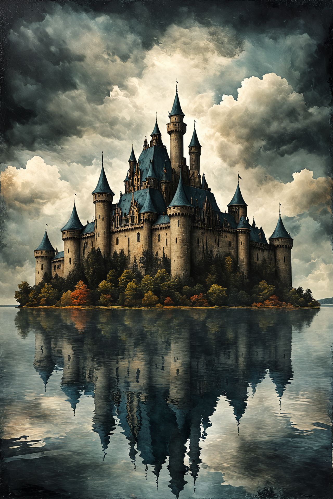 an image of a castle in the middle of a lake with a lot of water in front of it and a cloudy sky in the background 
,<lora:aidma-Image Upgrader-v0.1:0.15>,
 <lora:t1ngSDXL:1>t1ng, traditional media, abstract, texture