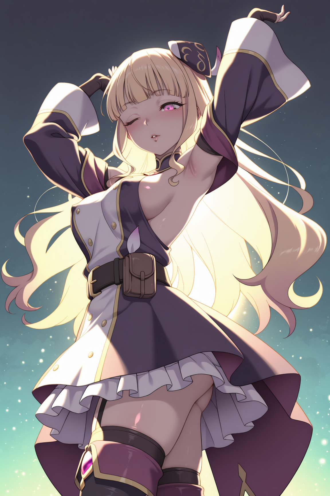 lucy_diamond, long_hair, blunt_bangs, hat, purple_headwear, purple_eyes, pink_eyes, blush, covered_nipples, large_breasts, long_sleeves, purple_dress, frills, wide_sleeves, sleeves_past_wrists, gloves, fingerless_gloves, black_thighhighs, thigh_boots, garter_straps, belt, belt_pouch, 