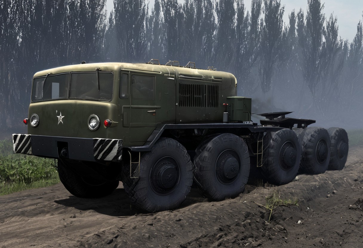 MAZ-537 Drives through the black bush, without raising a cloud of black dust, a large body behind the cabin.
side view